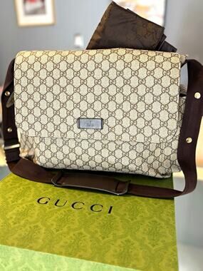 Gucci Large GG Monogram Canvas Diaper Bag Beige/Brown w/Pad, Adjustable Strap